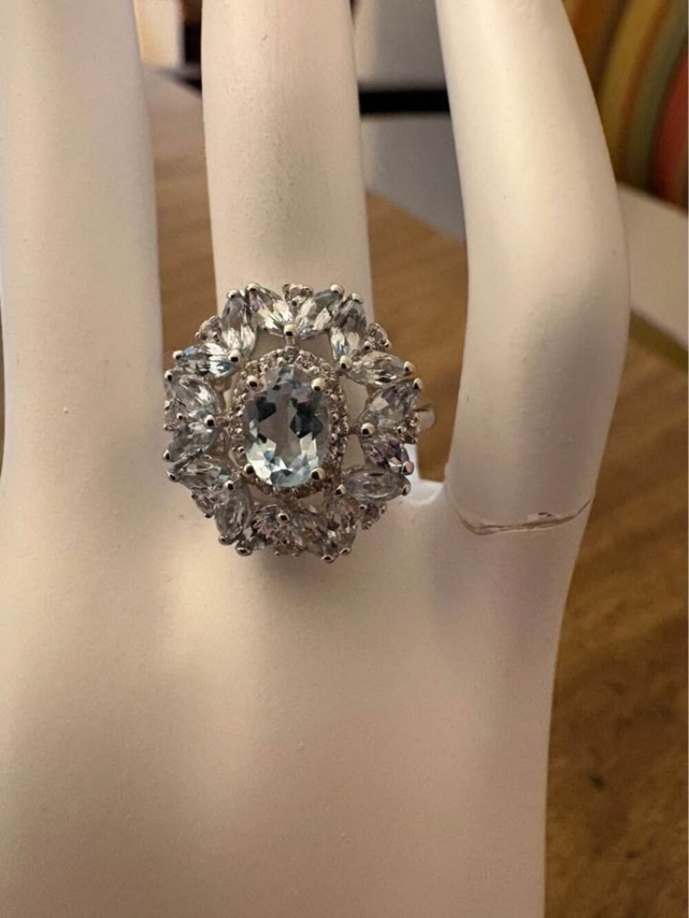 Blue and White Topaz Cluster Ring Sterling Silver Size 6